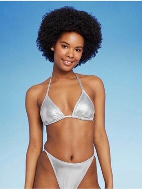Wild Fable Silver Triangle Bikini Top and High-Cut Bottom New